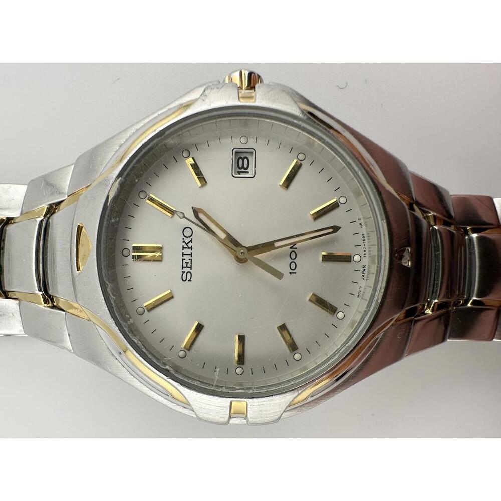 Seiko 100M Quartz Watch 40mm Two Tone Silver Gold Date Men Vintage 7N42 7000